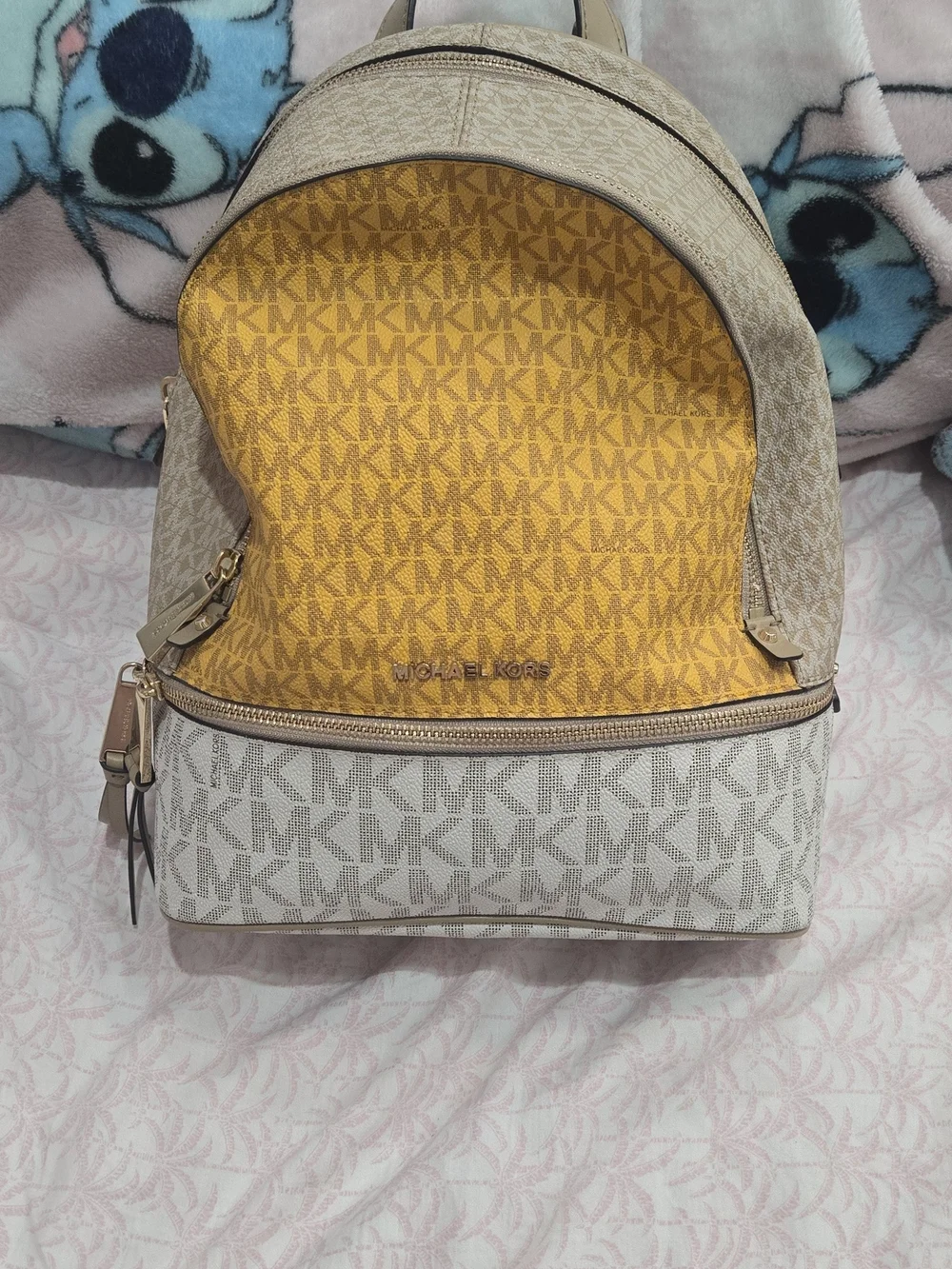 Michael Kors Two-Tone Logo Backpack in Beige and Mustard